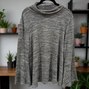 NEW Cupio Black and White Micro Stripe Cowlneck‎ Jersey Bell Sleeve Blouse L